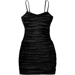 Girls Spaghetti Strap Bodycon Mini Dress V Neck Summer Sleeveless Ruched Short Tight Pencil Dresses