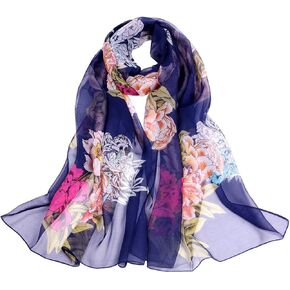 Women's Polyester Chiffon Scarf Neck Fashionable Printing Floral Country Style Lightweight Scarves for Ladies and Girls