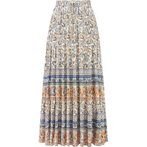 R.Vivimos Womens Summer Cotton Vintage Floral Print Boho Casual Ruffled Flowy Midi Skirt
