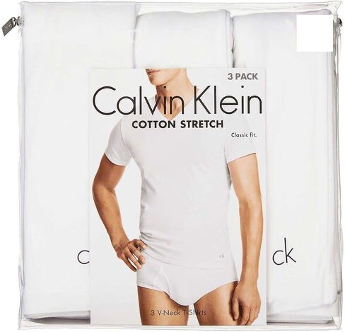 تيشيرت Calvin Klein مصنوع من القطن المرن برقبة على شكل حرف V، رجالي (مقاس 3 قطع) (أبيض أو أسود), أبيض in Saudi Arabia