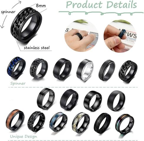 FINZOR 16Pcs Stainless Steel Fidget Band Rings for Men Women Spinner Ring Cool Rings Wedding Promise Band Ring Jewelry Set Size 7-11 in Kuwait