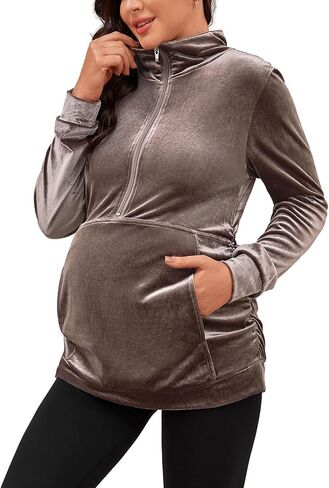 GINKANA قمصان طويلة الأكمام للأمومة نصف سحاب التلبيب سترة الأمومة عادية المخملية الأمومة البلوز القمم مع جيب in Kuwait