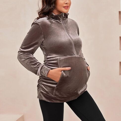 GINKANA قمصان طويلة الأكمام للأمومة نصف سحاب التلبيب سترة الأمومة عادية المخملية الأمومة البلوز القمم مع جيب in Kuwait