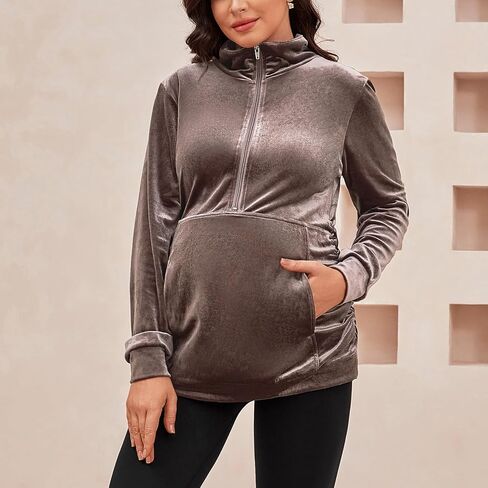 GINKANA قمصان طويلة الأكمام للأمومة نصف سحاب التلبيب سترة الأمومة عادية المخملية الأمومة البلوز القمم مع جيب in Kuwait