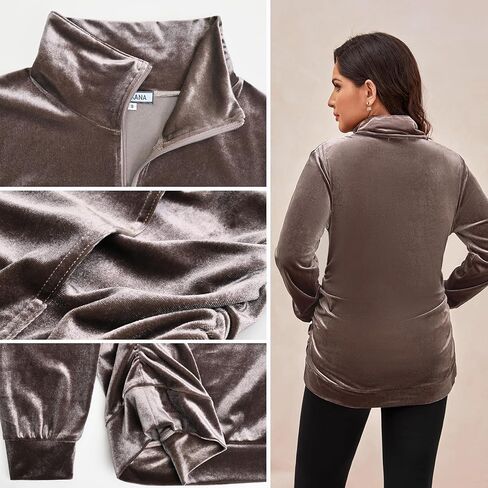 GINKANA قمصان طويلة الأكمام للأمومة نصف سحاب التلبيب سترة الأمومة عادية المخملية الأمومة البلوز القمم مع جيب in Kuwait