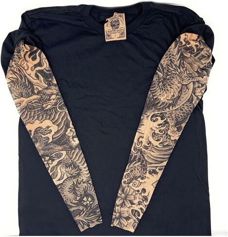 تيشيرت رجالي قطن من Wild Rose بأكمام وشم تنين، أسود in Kuwait