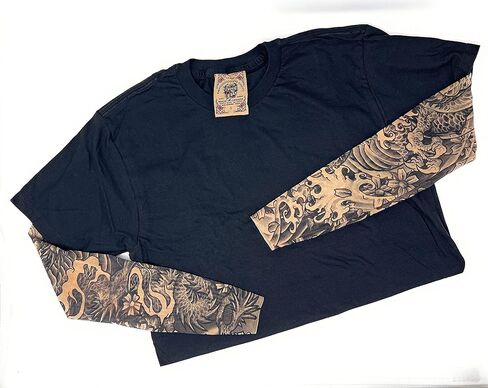 تيشيرت رجالي قطن من Wild Rose بأكمام وشم تنين، أسود in Kuwait