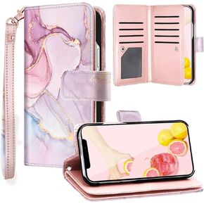 Fingic iPhone 12 Pro Max Case,iPhone 12 Pro Max Case Wallet, Rose Gold Marble 9 Card Holder PU Leather Detachable Wrist Strap Protective Wallet Case for Women Cover for Apple iPhone 12 Pro Max 6.7inch