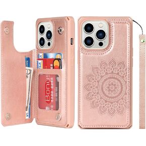 حافظة هاتف iCoverCase لهاتف iPhone 13 Pro مع حامل بطاقة، حافظة محفظة iPhone 13 Pro للنساء مع حزام، حافظة جلدية منقوشة بتقنية RFID لهاتف iPhone 13 Pro 6.1 بوصة (ذهبي وردي على شكل قلب) in Kuwait