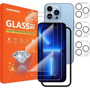 seninhi [3+3 عبوات] لهاتف iphone 13 Pro MAX 6.7 بوصة واقي شاشة 3 عبوات + واقي عدسة الكاميرا 3 عبوات، واقي شاشة من الزجاج المقسى [مع إطار سهل التركيب] [صلابة 9H] [مضاد للخدش] [خالٍ من الفقاعات] - شفاف in Kuwait