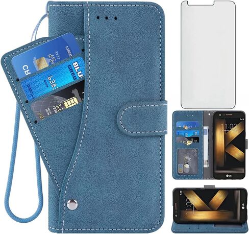 Compatible with LG K20/K20 Plus/K20 V/Harmony/V5/K10 2017/Grace LTE Wallet Case and Tempered Glass Screen Protector Flip Credit Card Holder Stand Cell Phone Cover for LGK20V K20V K 20 20K K20+ Blue in Kuwait