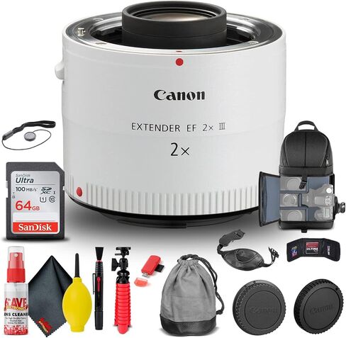 موسع Canon EF 2X III (4410B002) + حقيبة ظهر + بطاقة سعة 64 جيجابايت + قارئ بطاقات + حامل ثلاثي مرن + محفظة ذاكرة + حافظة للأغطية + طقم تنظيف + حزام يد + المزيد (متجدد) in Saudi Arabia