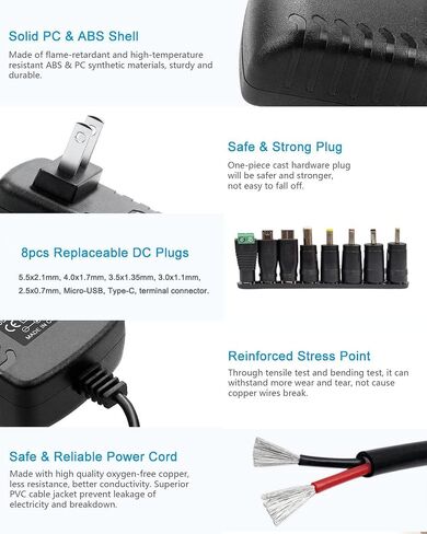 MTYTOT 12V 1.5A 1500mA محول التيار الكهربائي 100-240V AC إلى DC 12Volt محولات تحويل التيار الكهربائي مع 8 نصائح 5.5x2.5mm/2.1mm 4.0x1.7mm 3.5x1.35mm 3.0x1.1mm 2.5x0.7mm Micro-USB Type-C in Saudi Arabia