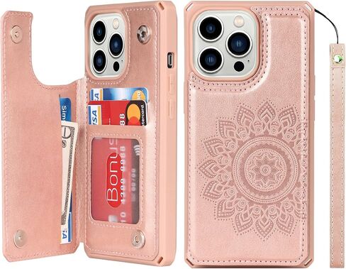 iCoverCase Compatible with iPhone 13 Pro Wallet Phone Case with Card Holder for Women, RFID Blocking Embossed PU Leather Wrist Strap Case 6.1 Inch (Heart Rose Gold) in Saudi Arabia
