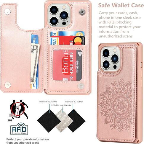 iCoverCase Compatible with iPhone 13 Pro Wallet Phone Case with Card Holder for Women, RFID Blocking Embossed PU Leather Wrist Strap Case 6.1 Inch (Heart Rose Gold) in Saudi Arabia