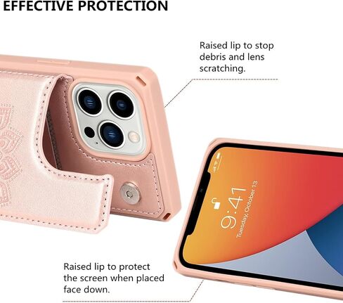 iCoverCase Compatible with iPhone 13 Pro Wallet Phone Case with Card Holder for Women, RFID Blocking Embossed PU Leather Wrist Strap Case 6.1 Inch (Heart Rose Gold) in Saudi Arabia