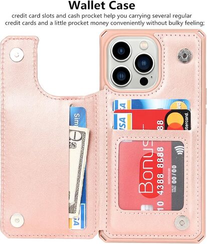 iCoverCase Compatible with iPhone 13 Pro Wallet Phone Case with Card Holder for Women, RFID Blocking Embossed PU Leather Wrist Strap Case 6.1 Inch (Heart Rose Gold) in Saudi Arabia