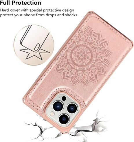 iCoverCase Compatible with iPhone 13 Pro Wallet Phone Case with Card Holder for Women, RFID Blocking Embossed PU Leather Wrist Strap Case 6.1 Inch (Heart Rose Gold) in Saudi Arabia