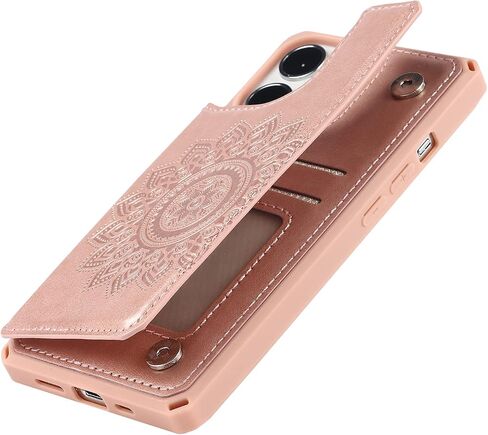 iCoverCase Compatible with iPhone 13 Pro Wallet Phone Case with Card Holder for Women, RFID Blocking Embossed PU Leather Wrist Strap Case 6.1 Inch (Heart Rose Gold) in Saudi Arabia
