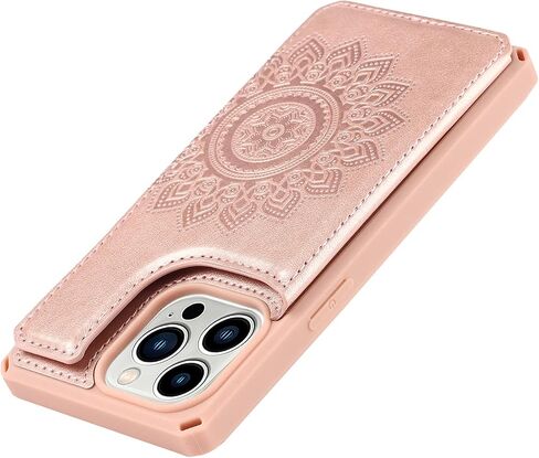 iCoverCase Compatible with iPhone 13 Pro Wallet Phone Case with Card Holder for Women, RFID Blocking Embossed PU Leather Wrist Strap Case 6.1 Inch (Heart Rose Gold) in Saudi Arabia