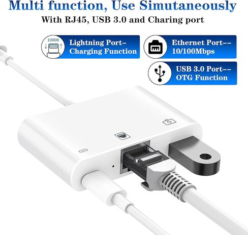 [Apple MFi Certified] Lightning to RJ45 Ethernet Adapter, 3 in 1 RJ45 LAN Ethernet Network Adapter for iPhone/iPad with Charge Port and USB 3.0 OTG Port Support USB Flash Drive/Keyboard/Mouse/Camera in Kuwait