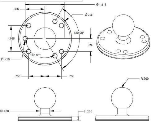 RAM MOUNTS Round Plate Ball Base with B Size 1" Ball, 4-Hole AMPS | Marine-grade aluminum mounting base, compatible with RAM Mounts holders and arms in Saudi Arabia