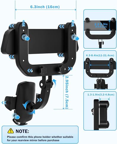 حامل موبايل لمراة الرؤية الخلفية للسيارة، حامل موبايل للسيارة قابل للدوران 360 درجة سهل التشغيل متوافق مع ايفون وسامسونج وال جي وجميع الهواتف الذكية in Kuwait