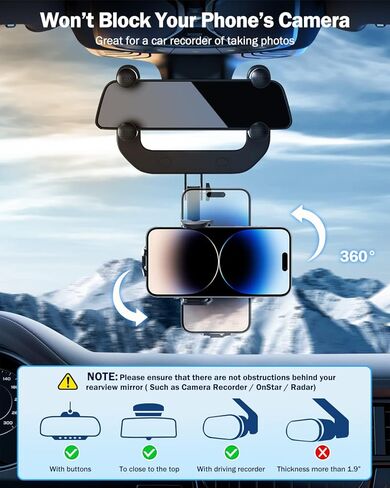 حامل موبايل لمراة الرؤية الخلفية للسيارة، حامل موبايل للسيارة قابل للدوران 360 درجة سهل التشغيل متوافق مع ايفون وسامسونج وال جي وجميع الهواتف الذكية in Kuwait