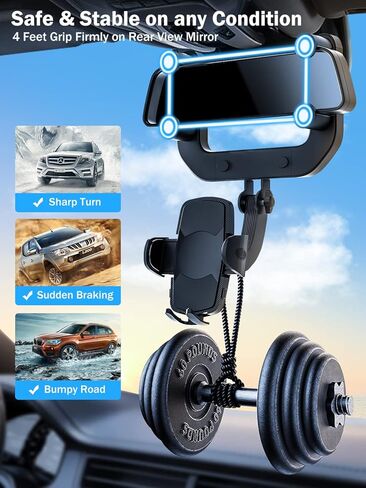 حامل موبايل لمراة الرؤية الخلفية للسيارة، حامل موبايل للسيارة قابل للدوران 360 درجة سهل التشغيل متوافق مع ايفون وسامسونج وال جي وجميع الهواتف الذكية in Kuwait