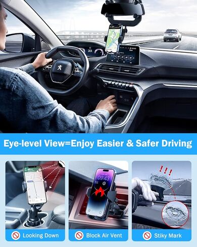 حامل موبايل لمراة الرؤية الخلفية للسيارة، حامل موبايل للسيارة قابل للدوران 360 درجة سهل التشغيل متوافق مع ايفون وسامسونج وال جي وجميع الهواتف الذكية in Kuwait