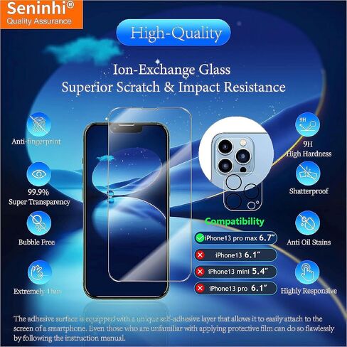 seninhi [3+3 عبوات] لهاتف iphone 13 Pro MAX 6.7 بوصة واقي شاشة 3 عبوات + واقي عدسة الكاميرا 3 عبوات، واقي شاشة من الزجاج المقسى [مع إطار سهل التركيب] [صلابة 9H] [مضاد للخدش] [خالٍ من الفقاعات] - شفاف in Kuwait
