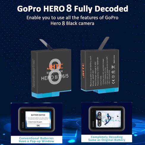 JHTC Hero 8 Battery Hero 7 استبدال البطارية 3 حزم وشاحن بطارية Triple Hero 8 متوافق مع GoPro HERO8 Black، GoPro HERO6 Black، GoPro HERO5 Black، GoPro Hero 2018 in Kuwait