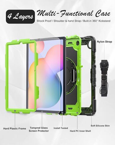 Samsung Galaxy Tab S6 Lite Tablet Case 10.4 inch 2022/2020 [with Tempered Glass Screen Protector], BASE MALL Heavy Duty Shockproof Case, Rotatable Kickstand, S Pen Holder, Hand/Shoulder Strap (Black) in Saudi Arabia