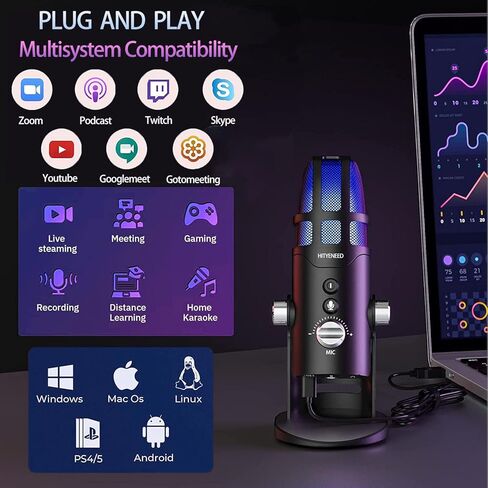 Hityeneed Professional USB Gaming Microphone for Computer with TF Card,4 Pickup Patterns, Mic Gain Control, Mute Button for Vocal,Noise Cancelling, No-Latency Mic for Streaming, Vlogging& Podcasting in Kuwait
