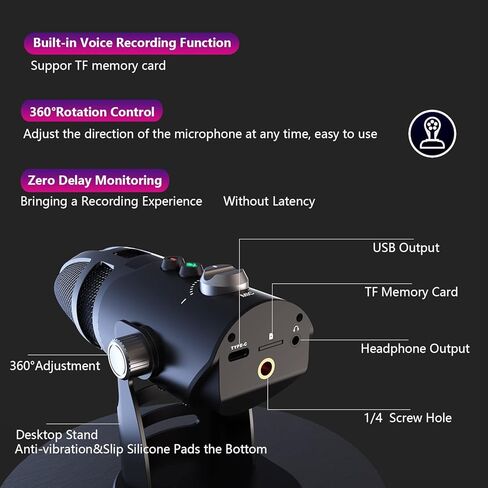 Hityeneed Professional USB Gaming Microphone for Computer with TF Card,4 Pickup Patterns, Mic Gain Control, Mute Button for Vocal,Noise Cancelling, No-Latency Mic for Streaming, Vlogging& Podcasting in Kuwait