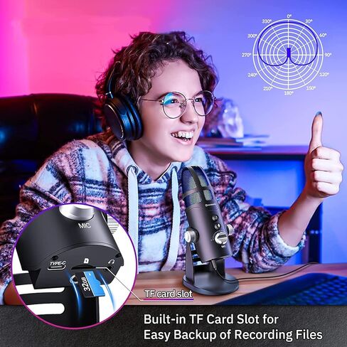 Hityeneed Professional USB Gaming Microphone for Computer with TF Card,4 Pickup Patterns, Mic Gain Control, Mute Button for Vocal,Noise Cancelling, No-Latency Mic for Streaming, Vlogging& Podcasting in Kuwait