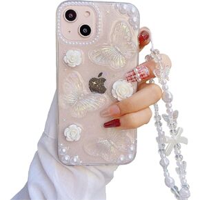 Faneiy لهاتف iPhone 13/14 حافظة مع سلسلة ساحرة على شكل فراشة زهرة ثلاثية الأبعاد حافظة هاتف لطيفة، حافظة كريستالية لامعة شفافة مع سوار معصم لؤلؤي مقاوم للصدمات لهاتف iPhone 13/14 مقاس 6.1 بوصة in Kuwait