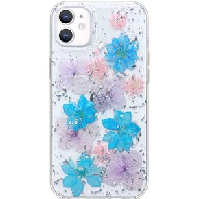 Abbery for iPhone 11 Case Clear with Blue White Floral Design, Cute Glitter&Sparkle Soft Silicone TPU Dried Real Pressed Flowers Daisy Aesthetic Protective Women Girls Phone Cover