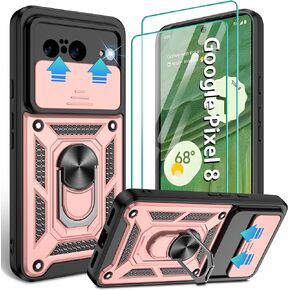 Compatible with Google Pixel 8 case,Pixel 8 case with Screen Protector[2 Pcs] with Slide Camera Cover, 360°Rotation Ring Kickstand [Military Grade] Case for Pixel 8,Black