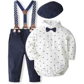 SALNIER Baby Boy Dress Suit Clothes Sets Infant Tuxedo Gentleman Suits Outfits Bowtie Shirt Suspenders Pants Beret Hat