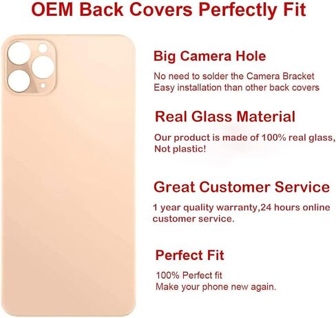 بديل الزجاج الخلفي الخلفي من شركة Perzework OEM لهاتف iPhone 11 Pro Max 6.5 بوصة مع مجموعة أدوات إصلاح ولاصق مثبت مسبقًا (ذهبي) in Kuwait