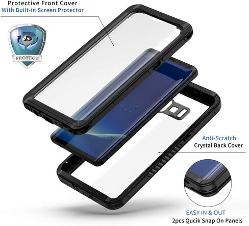 Lanhiem Samsung Galaxy S8 Case, IP68 Waterproof Dustproof Shockproof Case with Built-in Screen Protector, Full Body Sealed Underwater Protective Clear Cover for Samsung S8 (Black) in Kuwait