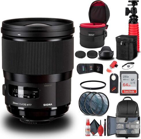 مجموعة عدسة Sigma Art مقاس 28 مم f/1.4 DG HSM لكاميرا Nikon F (441955) + حقيبة ظهر + بطاقة سعة 64 جيجابايت + حافظة عدسة + قارئ بطاقات + طقم مرشح 3 قطع + مجموعة تنظيف + حامل ثلاثي القوائم مرن + محفظة ذاكرة + جهاز تحكم عن بعد بالأشعة تحت الحمراء + المزيد in Saudi Arabia