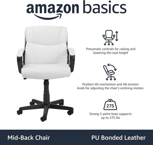 Amazon Basics Office Task Chair with Adjustable Height, 360° Swivel, Padded Armrests, Mid-Back, Rolling, 275 Pound Capacity, 24.2"D x 24"W x 34.8"H, Black Faux Leather in Kuwait