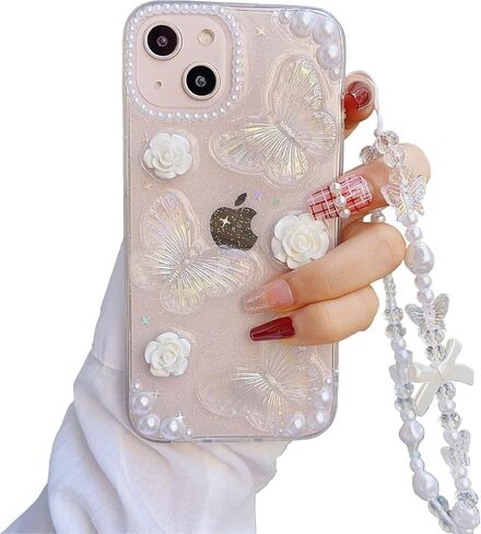 Faneiy لهاتف iPhone 13/14 حافظة مع سلسلة ساحرة على شكل فراشة زهرة ثلاثية الأبعاد حافظة هاتف لطيفة، حافظة كريستالية لامعة شفافة مع سوار معصم لؤلؤي مقاوم للصدمات لهاتف iPhone 13/14 مقاس 6.1 بوصة in Kuwait