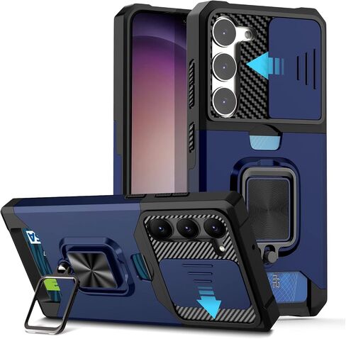 AICase for Samsung Galaxy S23 Case, with Slide Camera Cover/Ring Kickstand & Card Holder [Compatible Magnetic Car Mount] Rugged Heavy Duty Military Grade Protective Cell Phone Case, Black in Kuwait