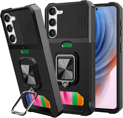 AICase for Samsung Galaxy S23 Case, with Slide Camera Cover/Ring Kickstand & Card Holder [Compatible Magnetic Car Mount] Rugged Heavy Duty Military Grade Protective Cell Phone Case, Black in Kuwait