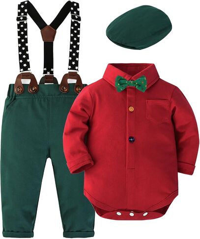 SALNIER Baby Boy Suit Set Infant Formal Outfit Tuxedo | Soft Cotton Shirt Suspenders Pants Bow Tie Beret Hat 5pcs Set, For Wedding Baptism Birthday Party in Saudi Arabia