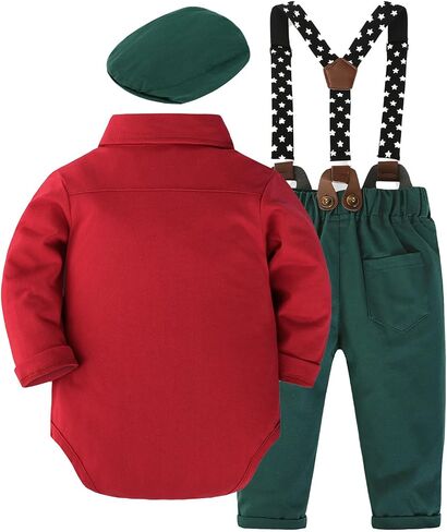 SALNIER Baby Boy Suit Set Infant Formal Outfit Tuxedo | Soft Cotton Shirt Suspenders Pants Bow Tie Beret Hat 5pcs Set, For Wedding Baptism Birthday Party in Saudi Arabia