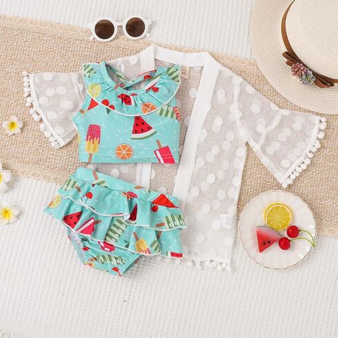 طقم تانكيني لطيف للفتيات الصغيرات مكون من قطعتين مع أغطية من الدانتيل بيكيني علوي وسروال قصير وملابس سباحة in Kuwait